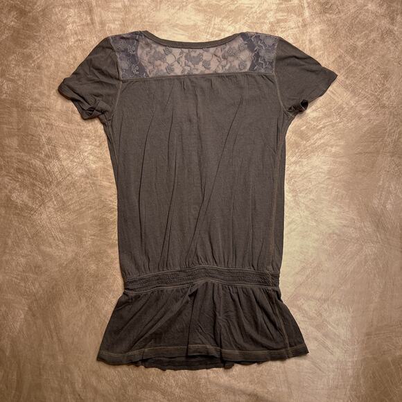 Abercrombie & Fitch Floral Lace Mesh Drop Waist Top Short Sleeve Shirt Brown Y2K - Picture 2 of 7